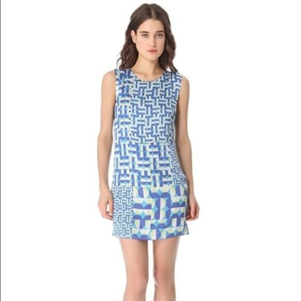ADDISON womens blue silk geometric print sleeveless peekaboo shift dress size XS